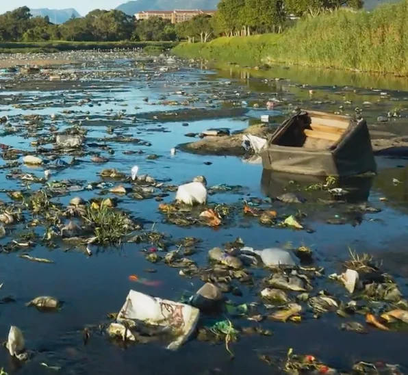 Waste floating on the river