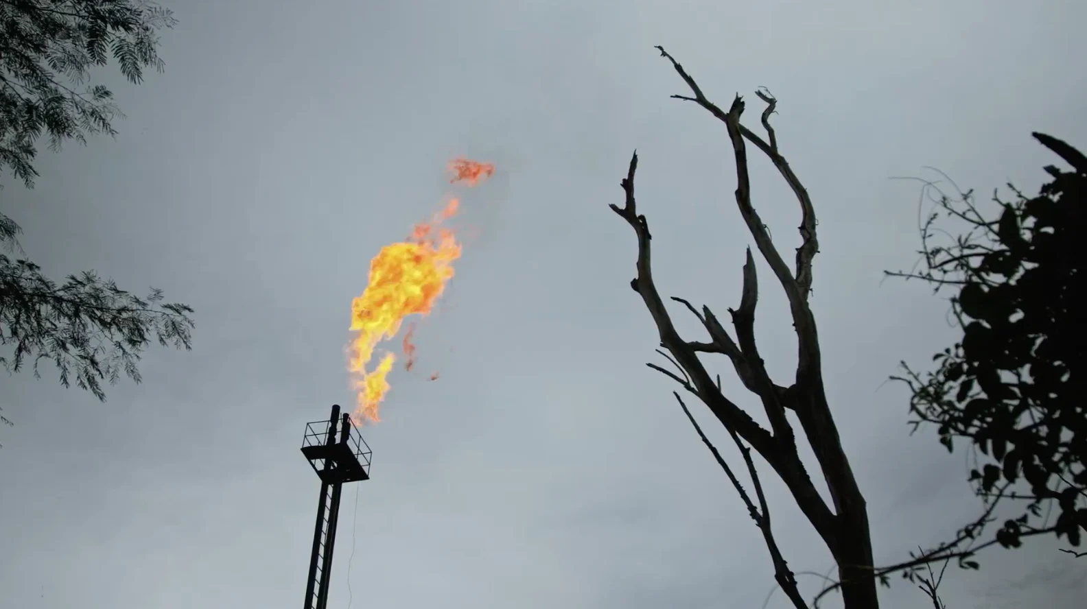 Chimneys belching flames from machines extracting oil from the ground